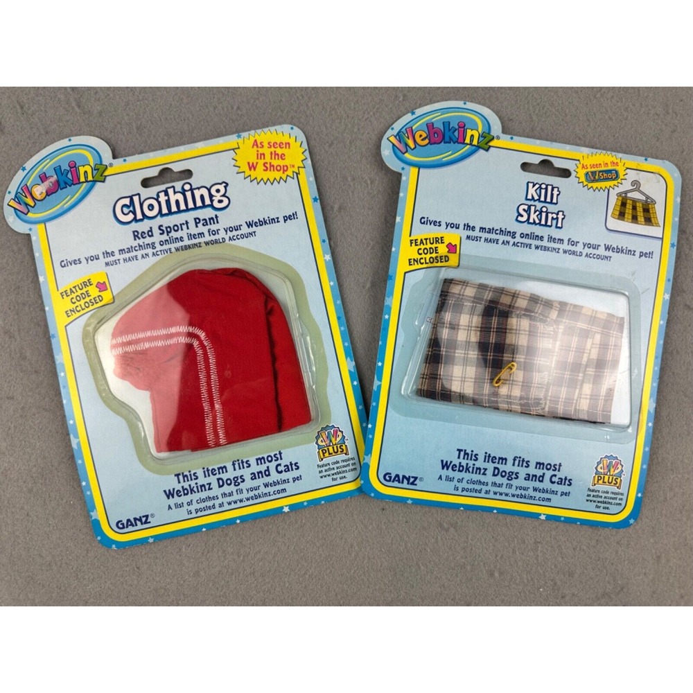NEW Webkinz Lot of 2 Dog or Cat Kilt Skirt & Red Sport Pant Clothing w/Codes